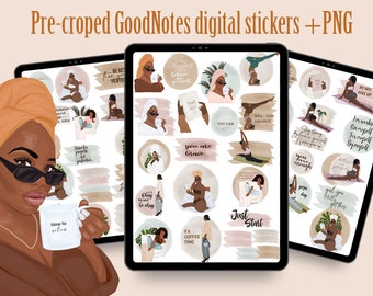 May include: A digital sticker set for GoodNotes featuring illustrations of a woman in various poses with motivational quotes. The stickers are in a minimalist style with a brown, pink, and green color palette. The quotes include "Believe in yourself", "You are brave", "You are enough", "Just start", "Stay strong", "I'm working on myself for myself", and "Girl you got this".
