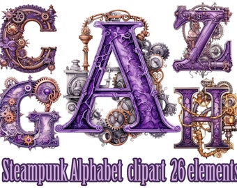 May include: Purple and gold steampunk alphabet clipart with 26 elements. Each letter is made of gears, pipes, and other mechanical parts.