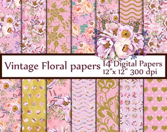Rosa paquete de papel Digital: "Documentos digitales florales" Vintage papeles Shabby Chic papeles flores flores fondo decoupage