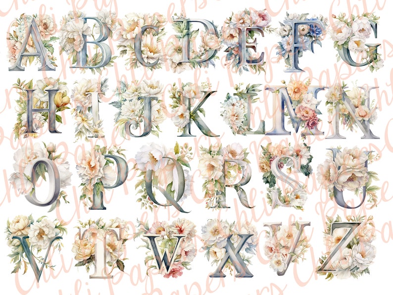 May include: A floral alphabet with each letter surrounded by watercolor flowers in shades of white, pink, and yellow. The letters are a light blue-gray color.