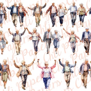 May include: Watercolor illustration of 15 different couples, all elderly, walking and holding hands. The couples are all dressed in casual clothing and are smiling. The background is white.