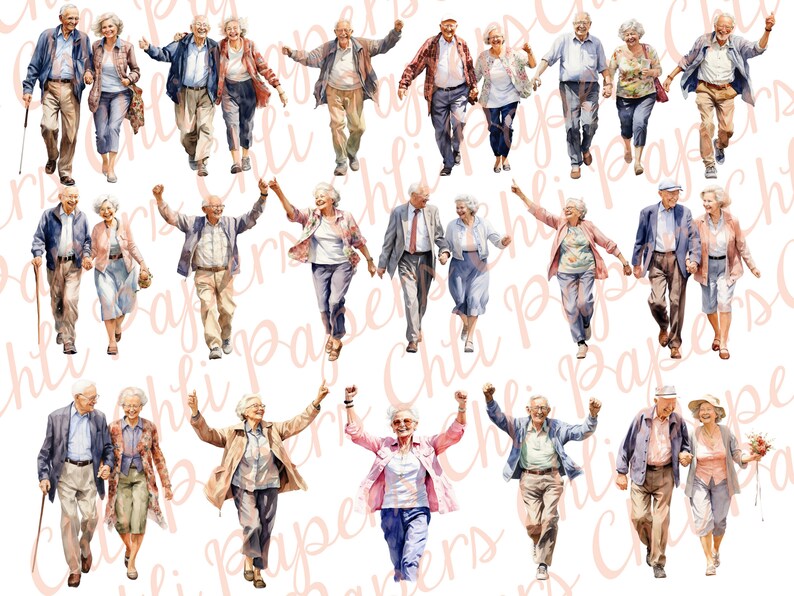 May include: Watercolor illustration of 15 different couples, all elderly, walking and holding hands. The couples are all dressed in casual clothing and are smiling. The background is white.