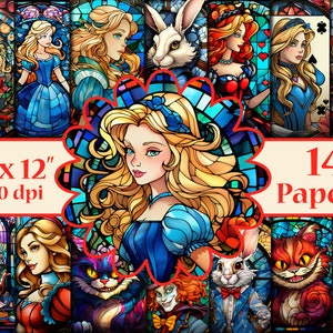 Alice au pays des merveilles papiers numériques, papiers numériques vitraux, fonds numériques vitraux, papiers de conte de fées, Alice imprimable,