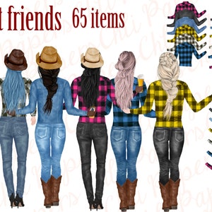 Beste vrienden clipart, Cowgirls clipart, westerse meisjes, bruidsmeisje clipart, denim clipart, meisjes clipart, Buffalo geruite shirts, BFF clipart,