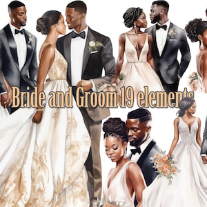 May include: A digital illustration of 19 wedding elements featuring a bride and groom. The bride is wearing a white wedding dress with gold accents and the groom is wearing a black tuxedo. The illustration is in a watercolor style.