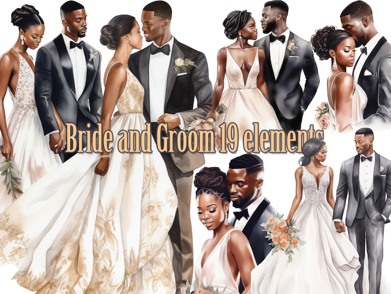 May include: A digital illustration of 19 wedding elements featuring a bride and groom. The bride is wearing a white wedding dress with gold accents and the groom is wearing a black tuxedo. The illustration is in a watercolor style.