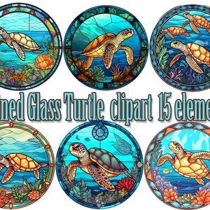 May include: Set of six stained glass clipart images featuring sea turtles in various poses, surrounded by coral reefs and ocean waves. The images are in a circular frame with a blue, green, and orange color scheme.