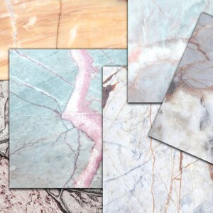 May include: A collage of five different marble textures. The marble textures are in various shades of white, gray, pink, and brown. The marble textures are arranged in a random pattern.