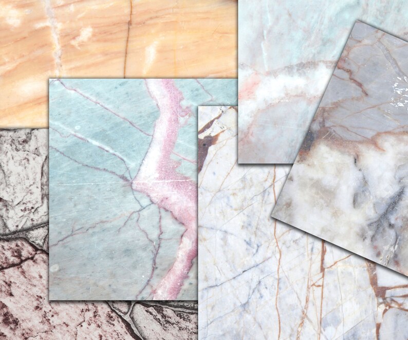 May include: A collage of five different marble textures. The marble textures are in various shades of white, gray, pink, and brown. The marble textures are arranged in a random pattern.