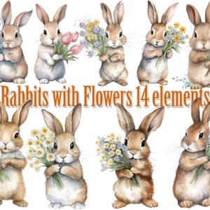 Konijn met bloemen clipart, Cute Bunny clipart, Cute rabbit holding bloemen, Spring clipart, Aquarel bunny, Baby Shower clipart, Kwekerij decor