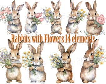 Rabbit with flowers clipart,Cute Bunny clipart,Cute rabbit holding flowers,Spring clipart,Watercolor bunny,Baby Shower clipart,Nursery decor