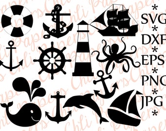 Nautical Svg,Nautical Silhouette Svg files,Lighthouse Svg,Anchor Sailboat  Svg,Whale Svg,Dolphin Svg,Circut Svg file,Iron on,Vinyl cut Decal