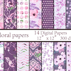 Floral digital paper pack: FLORAL PAPERS Floral background Decoupage paper Pink digital papers Purple papers Wedding background Watercolor image 1