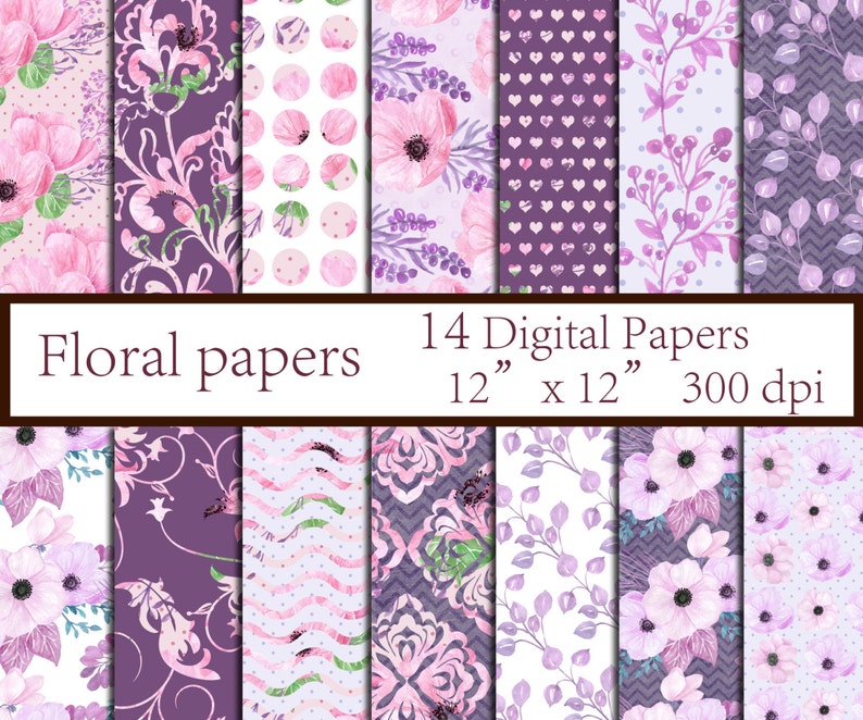 Floral digital paper pack: FLORAL PAPERS Floral background Decoupage paper Pink digital papers Purple papers Wedding background Watercolor image 1