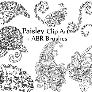 May include: A set of black and white paisley clip art designs. The designs include a paisley teardrop shape, a floral design, and a paisley swirl. The text "Paisley Clip Art + ABR Brushes" is included in the image.