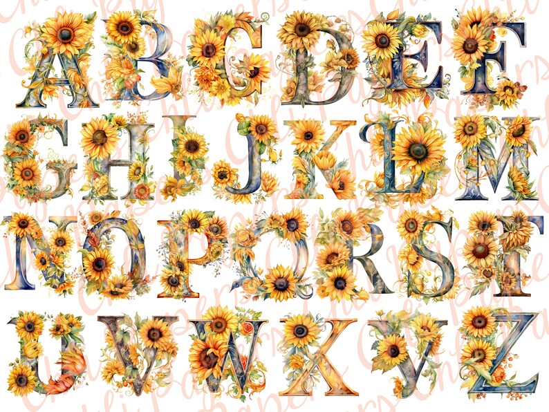 May include: Alphabet letters A through Z decorated with watercolor sunflowers and foliage. The letters are a dark blue color with a gold outline.