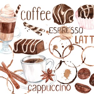 Watercolor coffee clipart: "SWEETS CLIPART" Coffee bean clipart  Coffee Mug Sweets clip art Artistic Late Clipart Coffee stains clip art