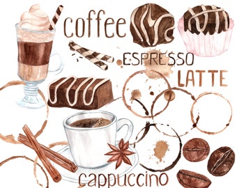 Watercolor coffee clipart: "SWEETS CLIPART" Coffee bean clipart  Coffee Mug Sweets clip art Artistic Late Clipart Coffee stains clip art