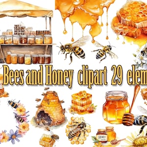 Watercolor Honey Bees Clipart,Bee and honey Png,Honey Jar Png,Honey Drips png,Beehive clipart,Honeybee  clipart,Honey pot Png,honey comb png