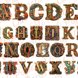 May include: A collection of ornate, vintage-style alphabet letters, each intricately designed with floral and jewel-toned accents. The letters are in a serif font, with a detailed, antique aesthetic. The color palette includes gold, teal, red, and brown.