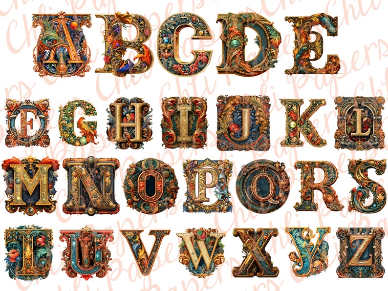 May include: A collection of ornate, vintage-style alphabet letters, each intricately designed with floral and jewel-toned accents. The letters are in a serif font, with a detailed, antique aesthetic. The color palette includes gold, teal, red, and brown.
