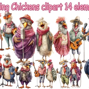 Lustige Hühner Clipart, Singende Hühner Clipart, lustige niedliche Hahn, gekleidete Tiere, Bauernhof Tiere Png, Huhn Sublimation, Hipster Hahn Png