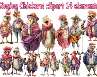 Funny chickens clipart,Singing Chickens Clipart,Funny Cute Rooster,Dressed animals,Farm animals Png,Chicken Sublimation,Hipster rooster Png