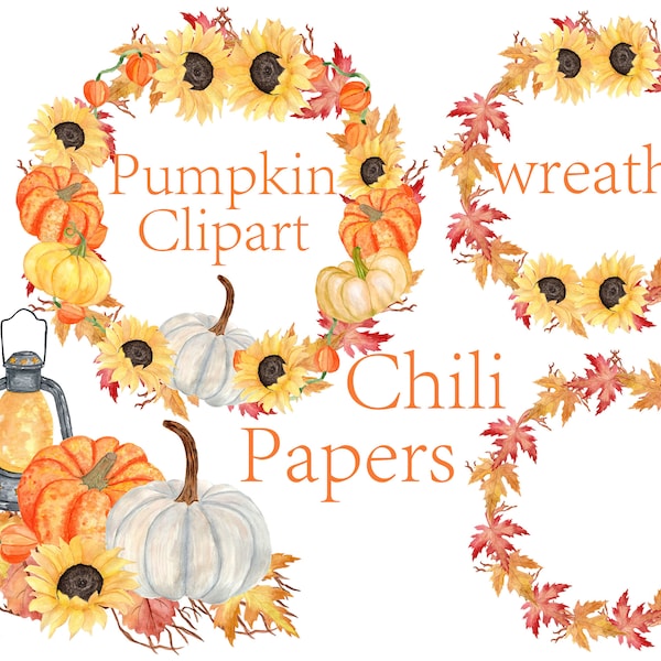 Pumpkin Watercolor Wreaths Clipart,Thanksgiving Clipart,Autumn Clipart,Halloween clipart,Autumn wreaths,Watercolor sunflowers, invitation