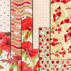 May include: Digital paper pack with six different patterns featuring red poppies, hearts, polka dots, and wavy lines on a cream background.
