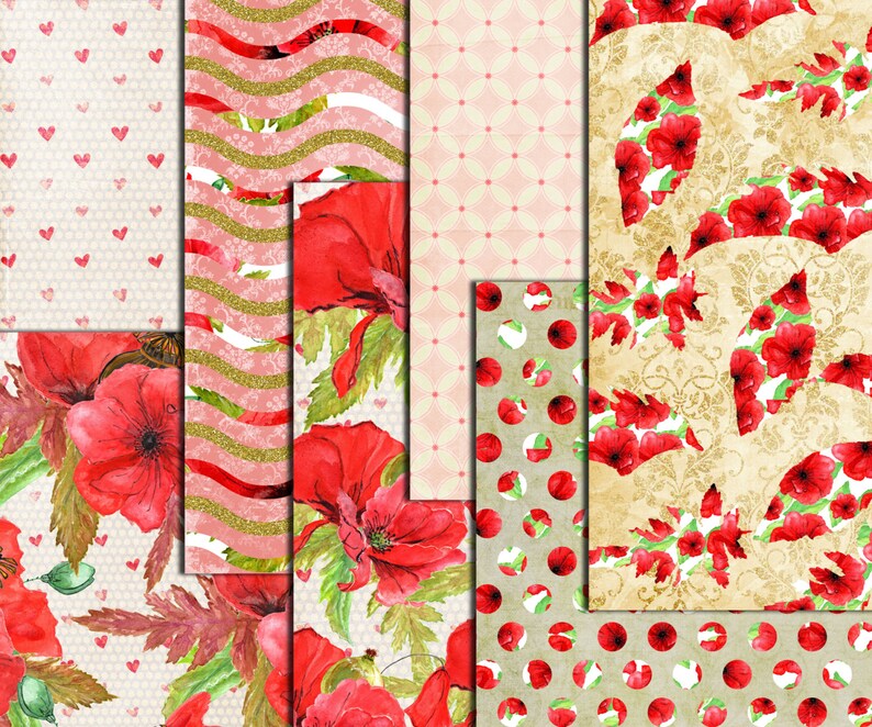 May include: Digital paper pack with six different patterns featuring red poppies, hearts, polka dots, and wavy lines on a cream background.