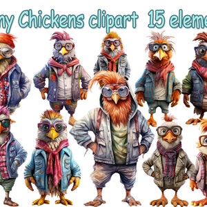 Lustige Hühner Clipart, verrückte Hühner Clipart, lustige niedliche Hahn, gekleidete Tiere, Bauernhof Tiere Png, Huhn Sublimation, Hipster Hahn Clipart