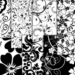 May include: A collection of black and white floral pattern designs. The patterns include various flower and leaf motifs, swirls, and other decorative elements. The designs are suitable for fabric, wallpaper, or other decorative applications.
