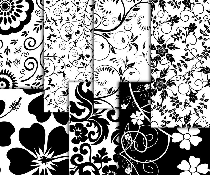 Black Floral Digital Paper floral Papers Black Etsy