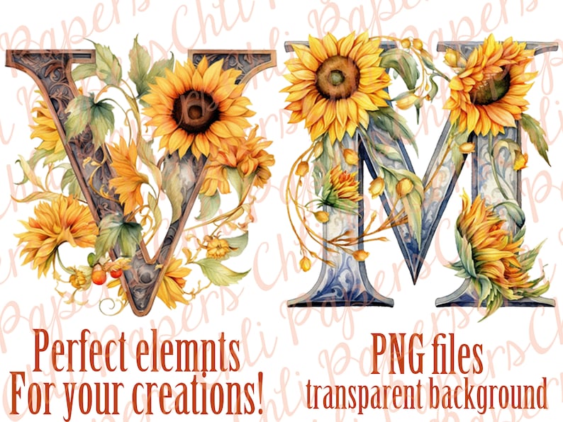 May include: Two watercolor illustrations of the letters V and M decorated with sunflowers and leaves. The letters are in a vintage style with ornate details. The background is white.