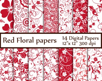 Red Floral digital paper: "FLORAL PAPERS" Floral backgrounds Flower Patterns Red flower papers invitation paper Bridal paper Decoupage paper