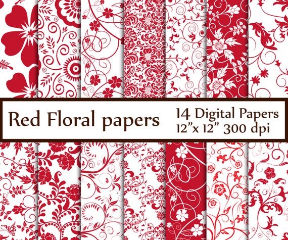 Red Floral Digital Paper Floral Papers Floral Etsy