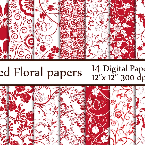 Red Floral digital paper: "FLORAL PAPERS" Floral backgrounds Flower Patterns Red flower papers invitation paper Bridal paper Decoupage paper