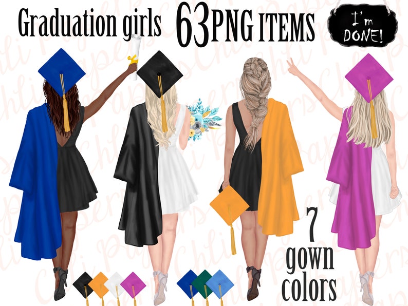 May include: Set of 63 graduation girl illustrations in PNG format. The illustrations feature three girls wearing different colored graduation gowns and caps. The text "I'm DONE!" is written on a chalkboard. The text "7 gown colors" is written below the girls.
