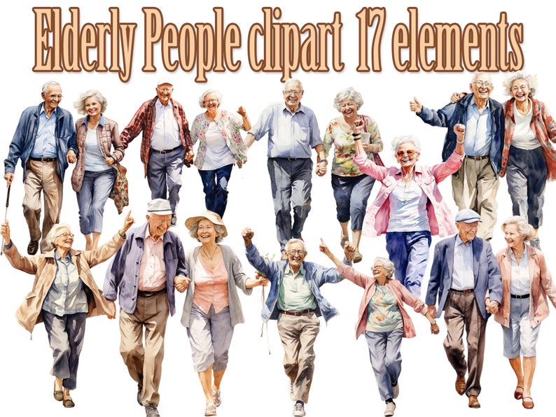 May include: A digital illustration of 17 watercolor-style elderly people walking and smiling. The people are wearing a variety of clothing, including jackets, sweaters, and pants. The illustration is set against a white background.