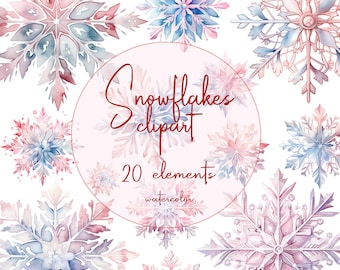 Watercolor Snowflakes Clipart: "CHRISTMAS CLIP ART" Pink Snowflake Clip Art Snow Clip Art Frozen Snow Flake winter clipart digital snowflake