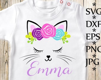 Cara de gato Svg, gato lindo Svg, camiseta de la chica Svg,cumpleaños chica Svg, lindo gatito Svg,pestañas Svg,flores Svg, corte de cameo de silueta, archivos de corte cricut