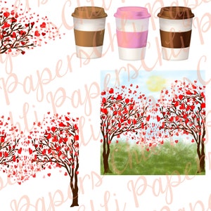 May include: Two watercolour illustrations of trees with red hearts. The trees are on a white background. There are three coffee cups on a white background. The cups are brown, pink, and brown with white stripes.