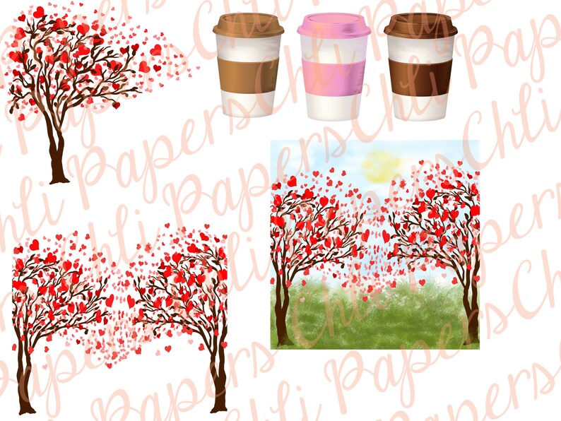 May include: Two watercolour illustrations of trees with red hearts. The trees are on a white background. There are three coffee cups on a white background. The cups are brown, pink, and brown with white stripes.