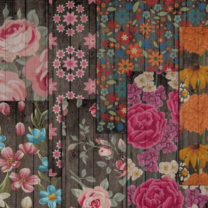 K&ouml;nnte beinhalten: Eine Collage aus floralen Mustern auf einem dunklen Holzgrund. Die Muster umfassen Rosen, G&auml;nsebl&uuml;mchen und andere Blumen in Rosa-, Blau-, Orange- und Rott&ouml;nen. Die Anordnung erzeugt eine rustikale, Vintage-&Auml;sthetik.