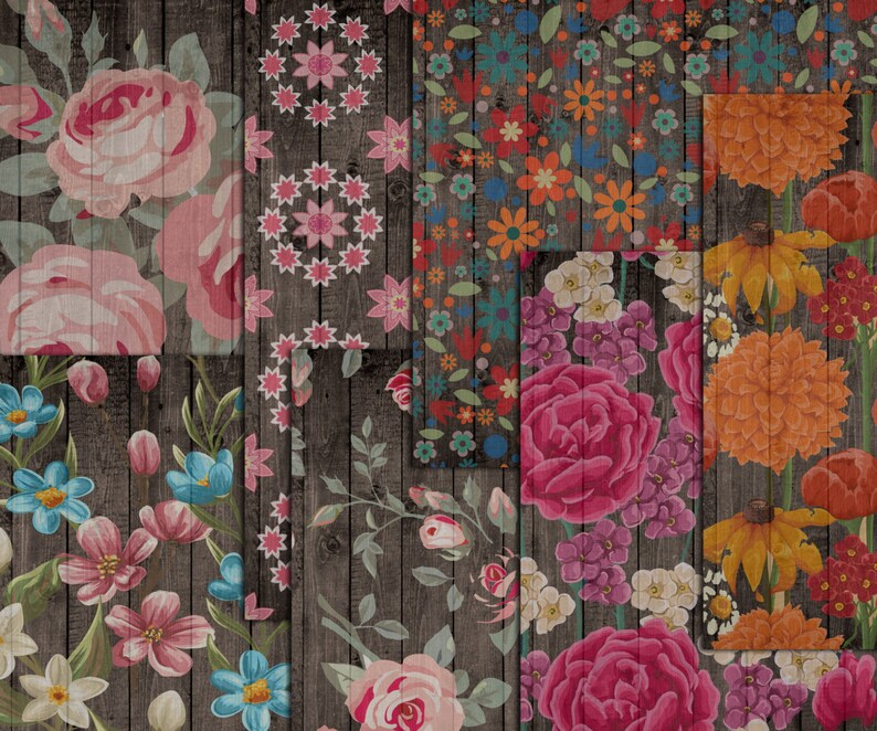 K&ouml;nnte beinhalten: Eine Collage aus floralen Mustern auf einem dunklen Holzgrund. Die Muster umfassen Rosen, G&auml;nsebl&uuml;mchen und andere Blumen in Rosa-, Blau-, Orange- und Rott&ouml;nen. Die Anordnung erzeugt eine rustikale, Vintage-&Auml;sthetik.