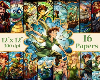 Papeles digitales de Peter Pan, papeles digitales de vidrieras, fondos digitales de vidrieras, papeles de cuento de hadas, Peter Pan imprimible, Peter Pan Jpg