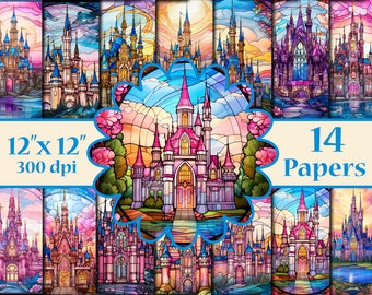 May include: A set of 14 digital papers featuring stained glass style illustrations of castles. The papers are 12 inches by 12 inches and 300 dpi.