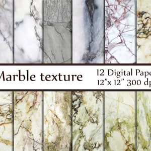 Puede incluir: Doce papeles digitales de textura de mármol, cada uno mide 30,48 cm por 30,48 cm a 300 dpi. Los papeles presentan una variedad de patrones de mármol en tonos de blanco, gris, marrón y verde.