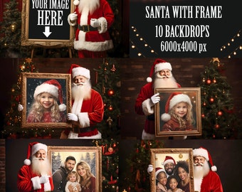 May include: Santa Claus in a red suit holds a gold frame with a blank space for a photo. The background is a brick wall with a Christmas tree and lights. The text "SANTA WITH FRAME 10 BACKDROPS 6000x4000 px" is at the top of the image.