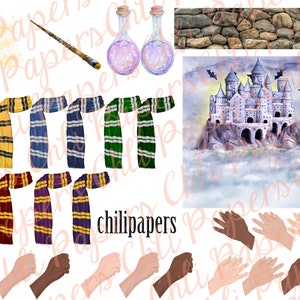 May include: A digital paper pack with a whimsical theme featuring a castle, potions, wands, scarves, and hands. The castle is purple and white with a stone foundation. The potions are in clear glass bottles with a pink and purple sparkle inside. The wands are wooden with a gold tip. The scarves are in various colors and patterns. The hands are in various skin tones and are in different positions. The text "chilipapers" is visible in the image.